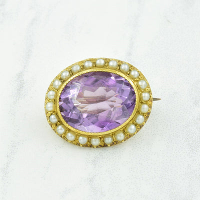 Amethyst & Pearl 15k Brooch | 7.80ct, 0.50ctw |