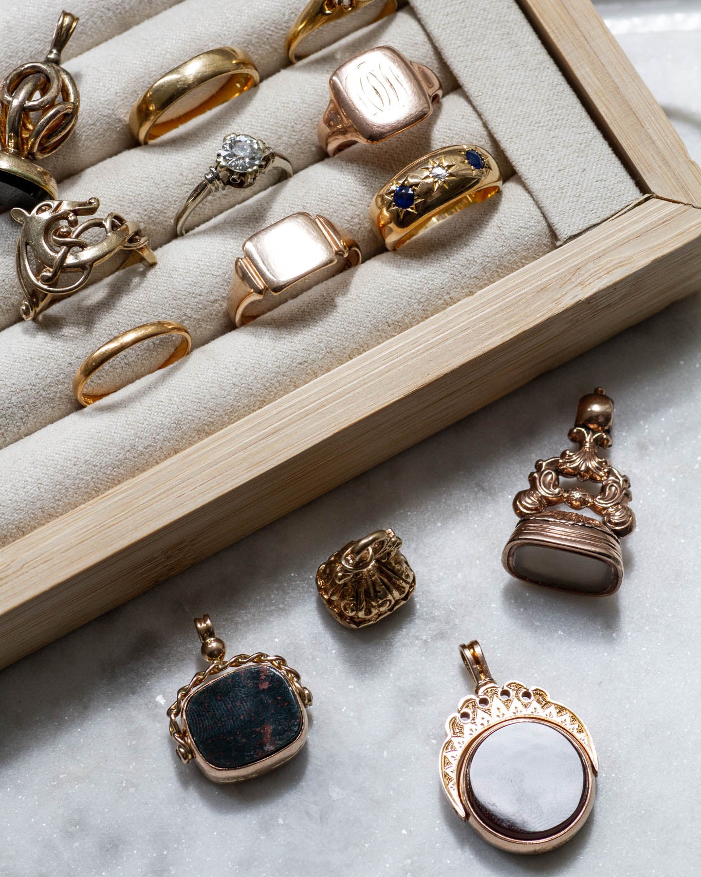 image of vintage rings in jewelry tray at 100 ways jewelry