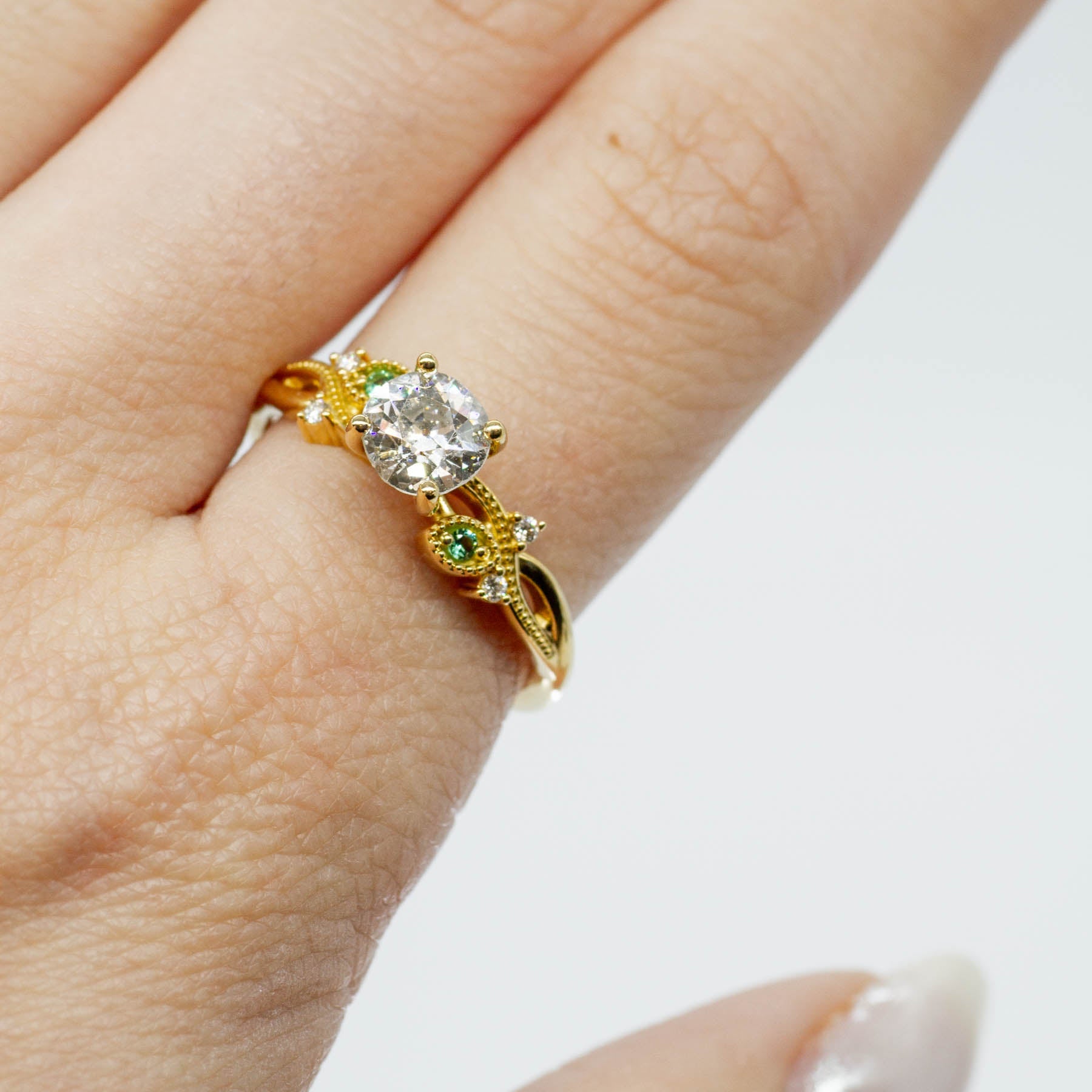 '100 Ways' Old European Cut Diamond Engagement Ring with Diamond and Emerald Accents | 0.92ctw, 0.04ctw | SZ 7.25 | - 100 Ways