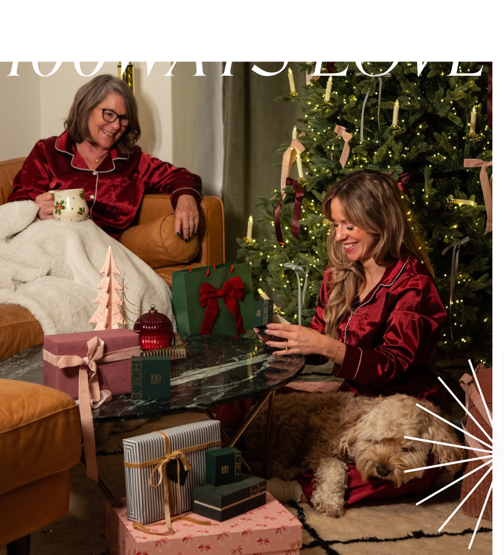 Holiday scene with mother, daughter gift exchange