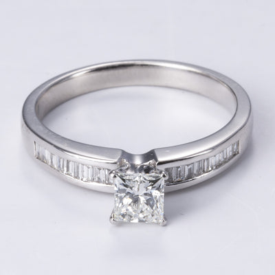 18k White Gold Princess Diamond Ring with Baguette Cut Accents | 0.70ctw VS2 G | SZ 6.5