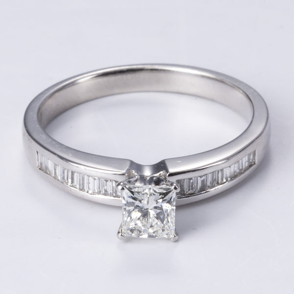 18k White Gold Princess Diamond Ring with Baguette Cut Accents | 0.70ctw VS2 G | SZ 6.5