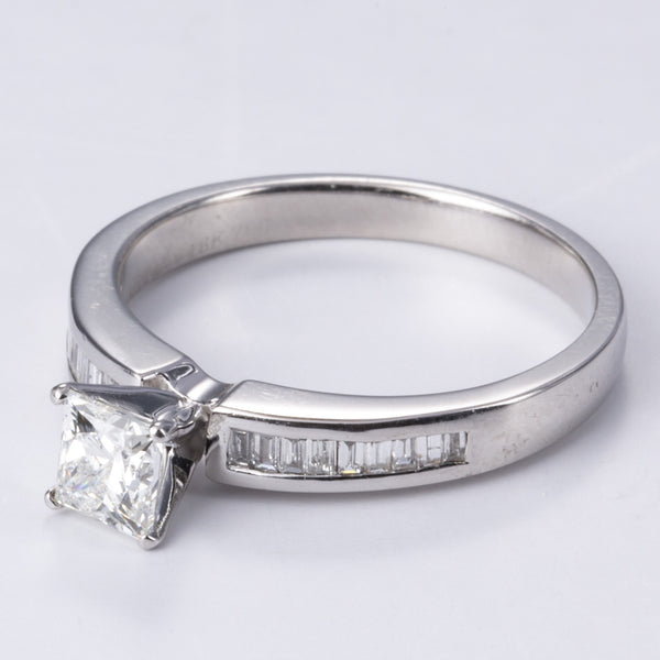 18k White Gold Princess Diamond Ring with Baguette Cut Accents | 0.70ctw VS2 G | SZ 6.5
