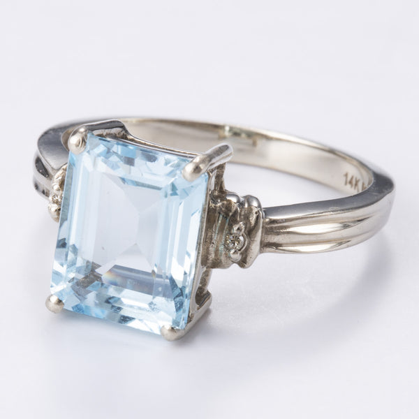 14k White Gold Diamond and Blue Topaz Ring | 0.01ctw, 3.50ct | Sz 7