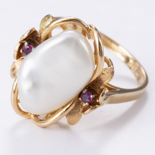 14k Yellow Gold Ruby and Pearl Ring | 0.06ctw | Sz 6.5