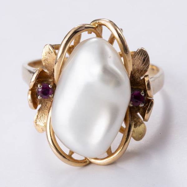 14k Yellow Gold Ruby and Pearl Ring | 0.06ctw | Sz 6.5