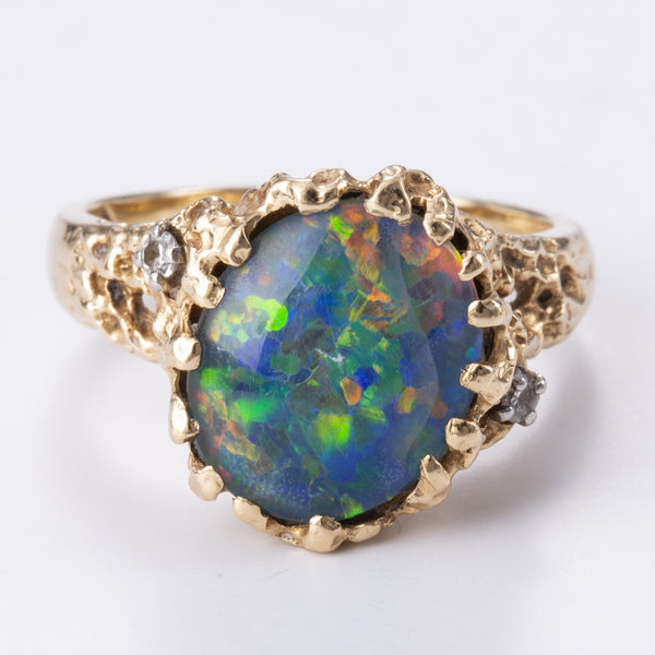 14k Yellow Gold Diamond and Opal Triplet Ring | 0.04ctw, 2.40ct | Sz 6.5