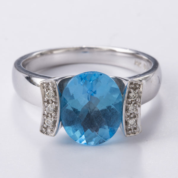 14k White Gold Diamond and Blue Topaz Ring | 0.06ctw, 3.00ct | Sz 7
