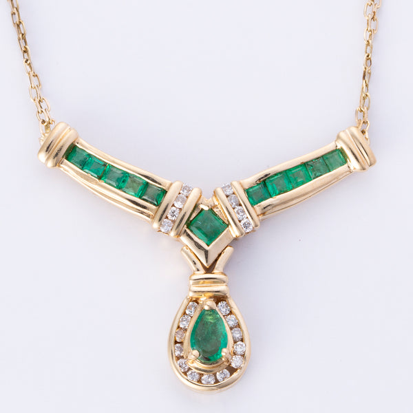 14k Yellow Gold Diamond Emerald Necklace | 0.15ctw, 0.75ctw | 16.5