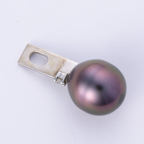 14k White Gold Diamond and Black Tahitian Pearl Pendant | 0.05ct, 12mm