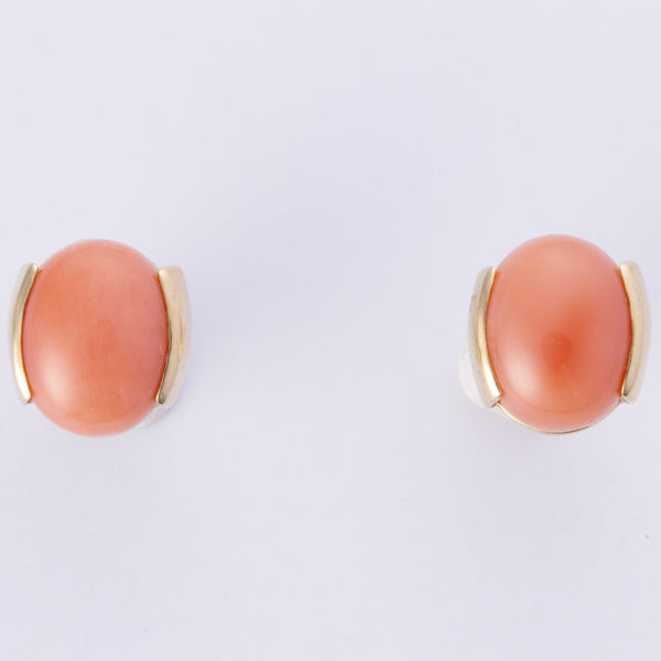 14k Yellow Gold Oval Cabochon Coral Earrings | 4.50ctw