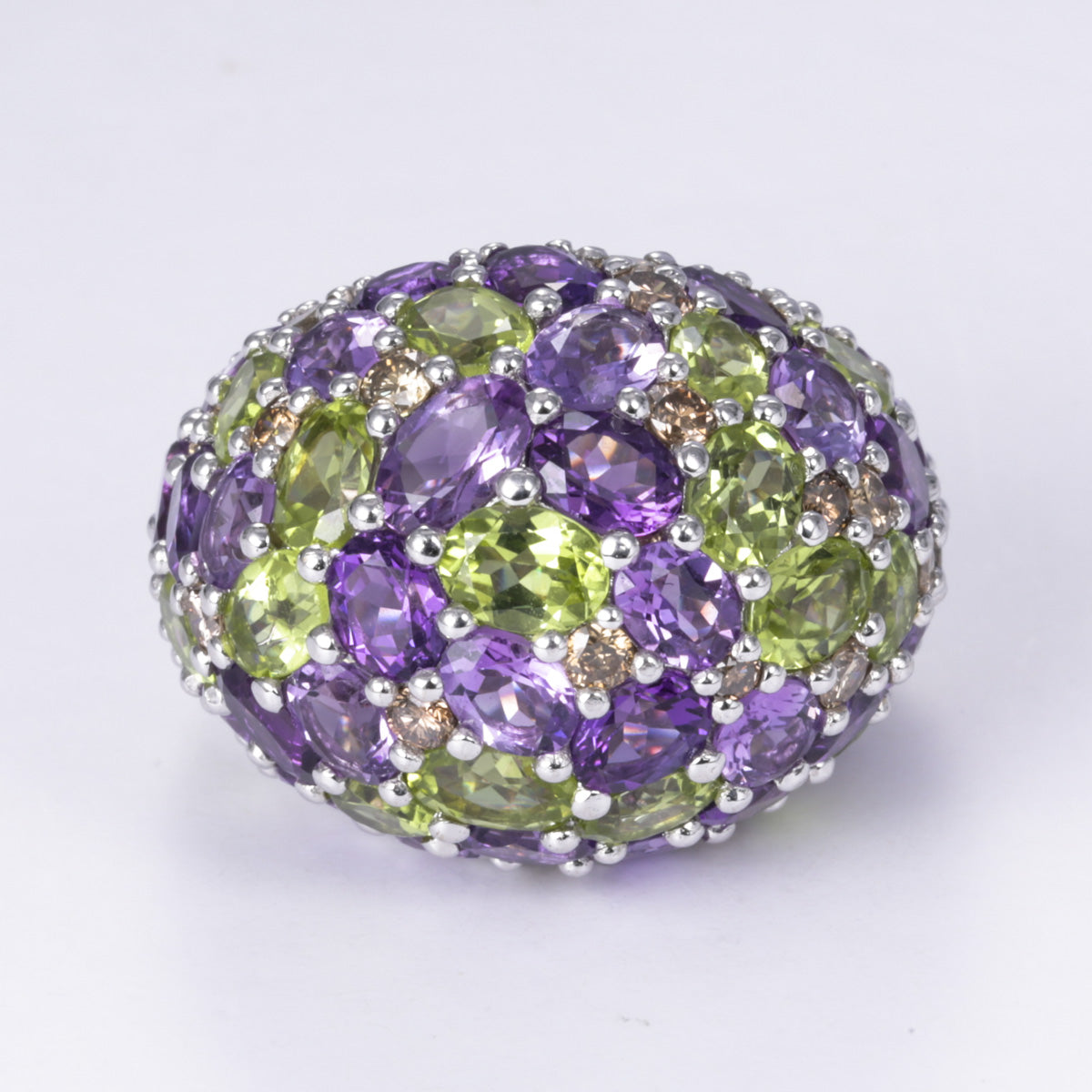 18k White Gold Fancy Peridot Amethyst and Diamond Ring | 6.28ctw, 7.45ctw, 1.42ctw | Sz