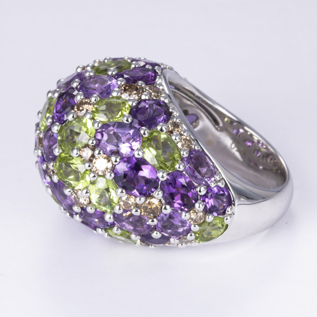 18k White Gold Fancy Peridot Amethyst and Diamond Ring | 6.28ctw, 7.45ctw, 1.42ctw | Sz