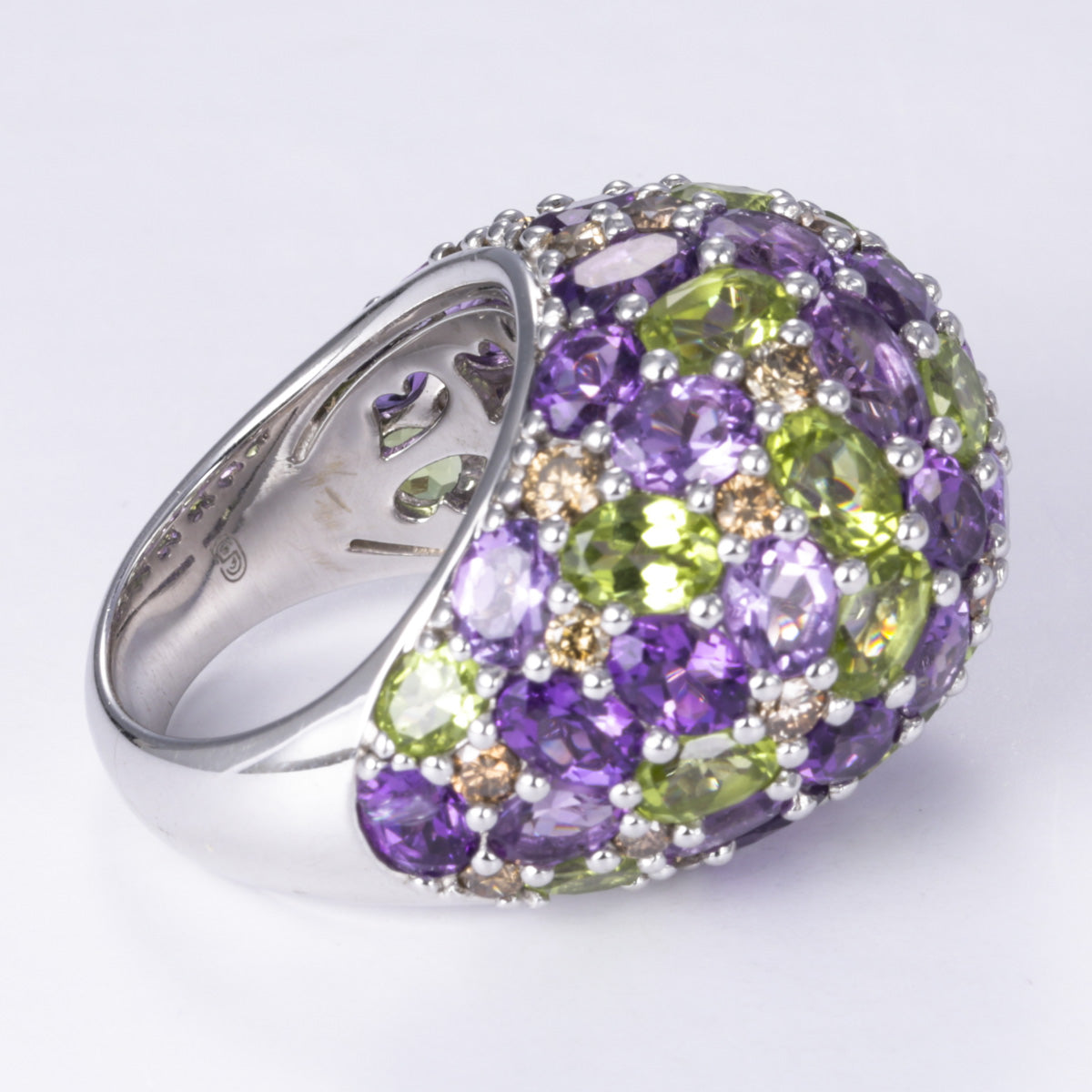 18k White Gold Fancy Peridot Amethyst and Diamond Ring | 6.28ctw, 7.45ctw, 1.42ctw | Sz