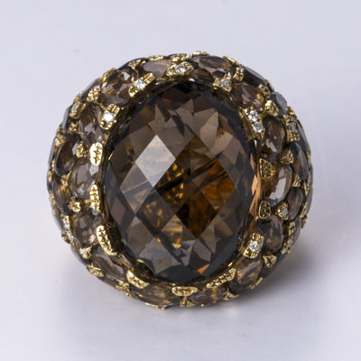 18k Yellow Gold Smoky Quartz and Diamond Ring | 29.21ctw, 0.12ctw | Sz 6.75