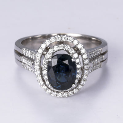18k White Gold Blue Sapphire and Diamond Ring |1.50ct, 0.40ctw | Sz 7.25