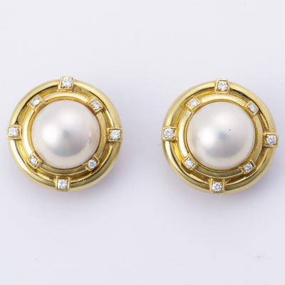 18k Yellow Gold Mabe Pearl and Diamond Clip On Earring | 14mm, 0.49ctw |