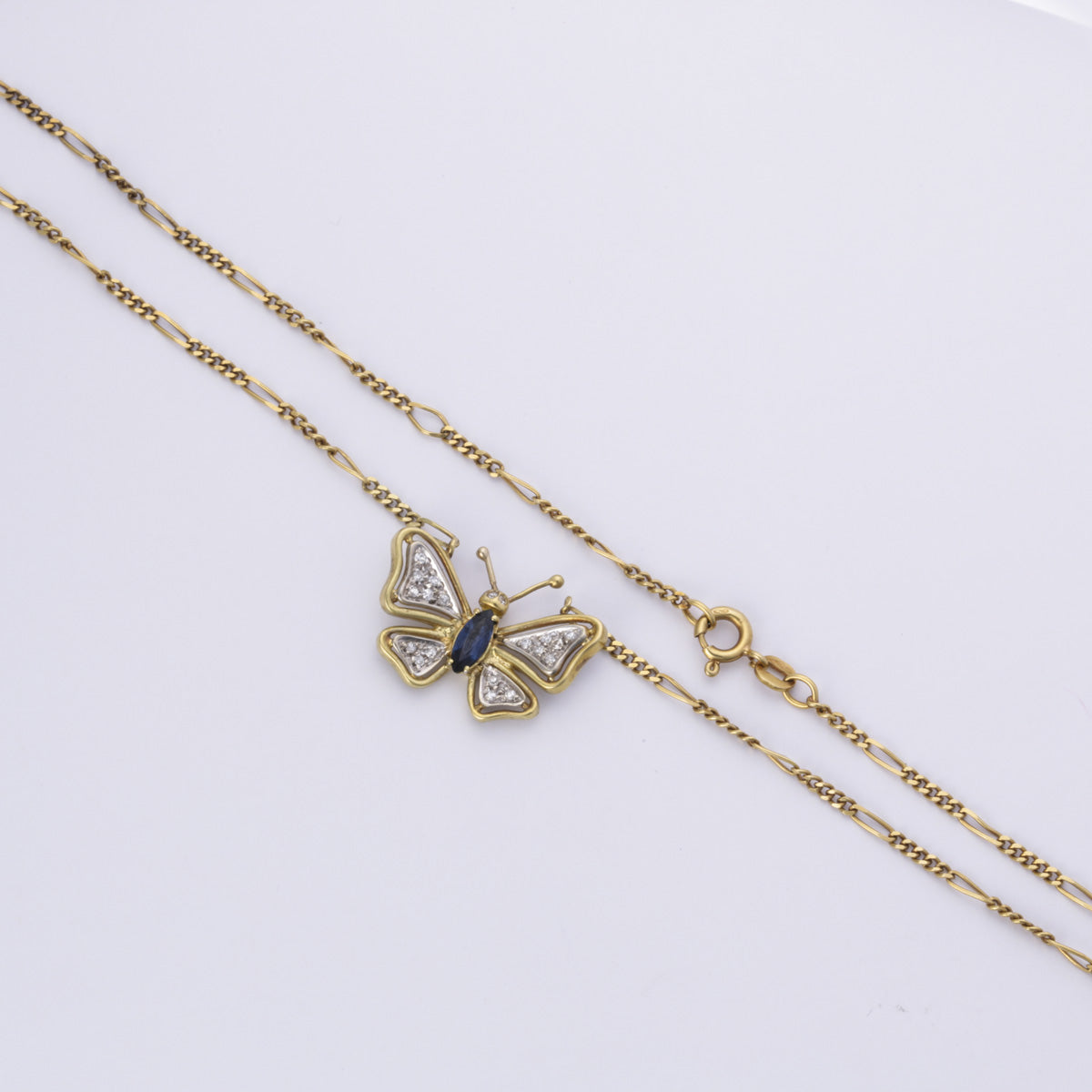 18k Yellow Gold Butterfly Sapphire and Diamond Necklace | 0.34ct, 0.15ctw | 16