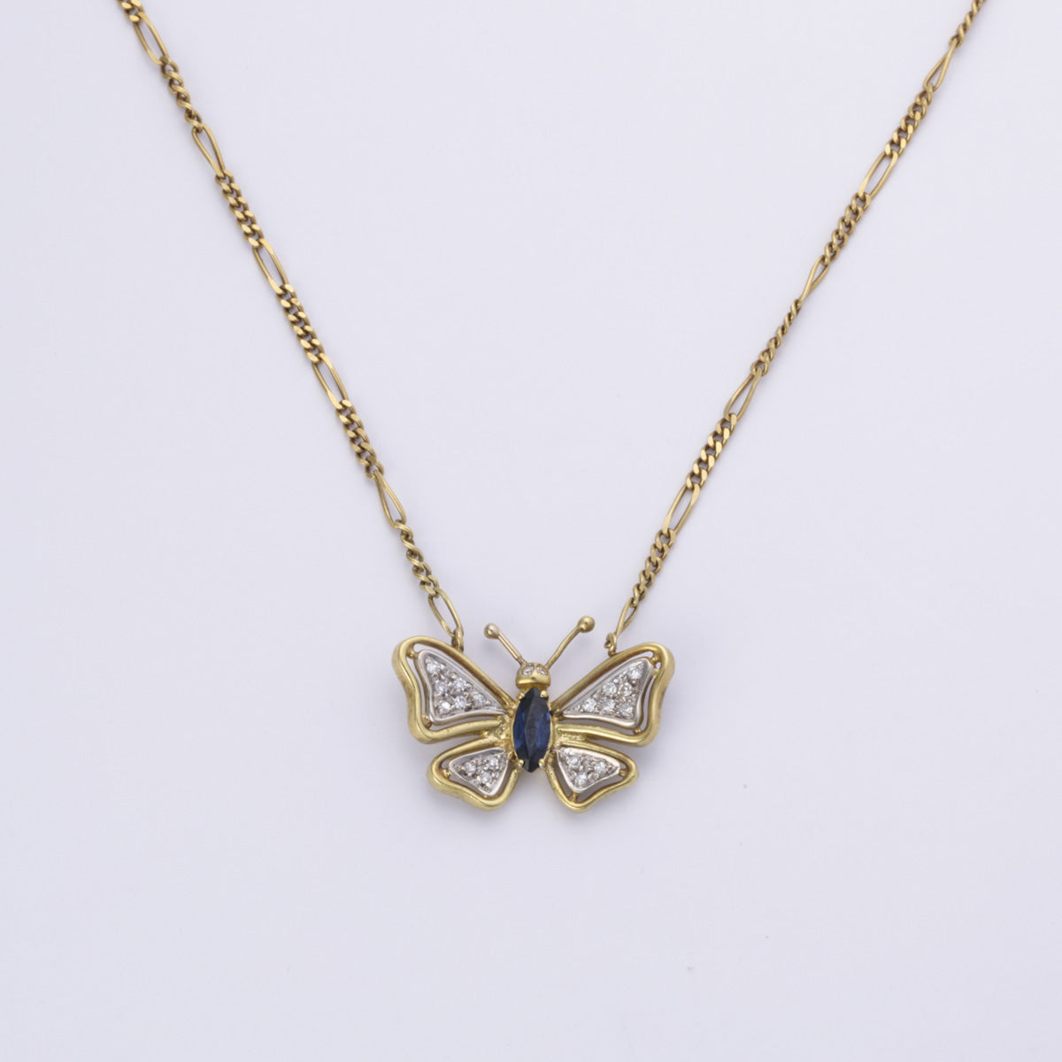 18k Yellow Gold Butterfly Sapphire and Diamond Necklace | 0.34ct, 0.15ctw | 16