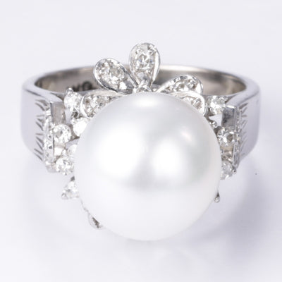 10k White Gold  Pearl and Diamond Ring | 11.20-10.80mm, 0.42ctw | SZ 6