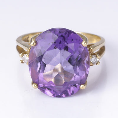 14k Yellow Gold Amethyst and Diamond Ring | 6.90ct, 0.06ctw | Size 5.5