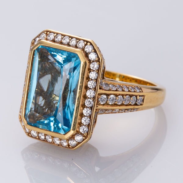 18K Yellow Gold Blue Topaz and Diamond Cocktail Ring | 8.18 ctw, 1.16 ctw | SZ 6 |