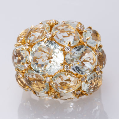 18K Yellow Gold Green Amethyst and Diamond Ring | 20.00 ct, 0.27 ctw | SZ 7 |