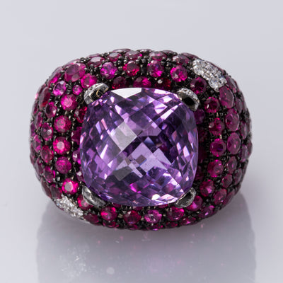 18K White Gold with Black Rhodium Amethyst, Ruby and Diamond Ring | 13.00 ct, 7.50 ctw, 0.33 ctw | SZ 6.5 |