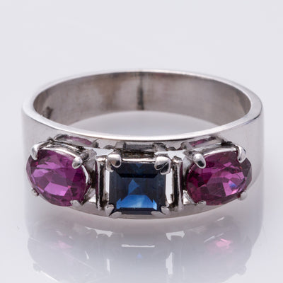 18K White Gold Blue Sapphire and Ruby Ring | 0.52ct, 1.09ctw | SZ 6.5 |
