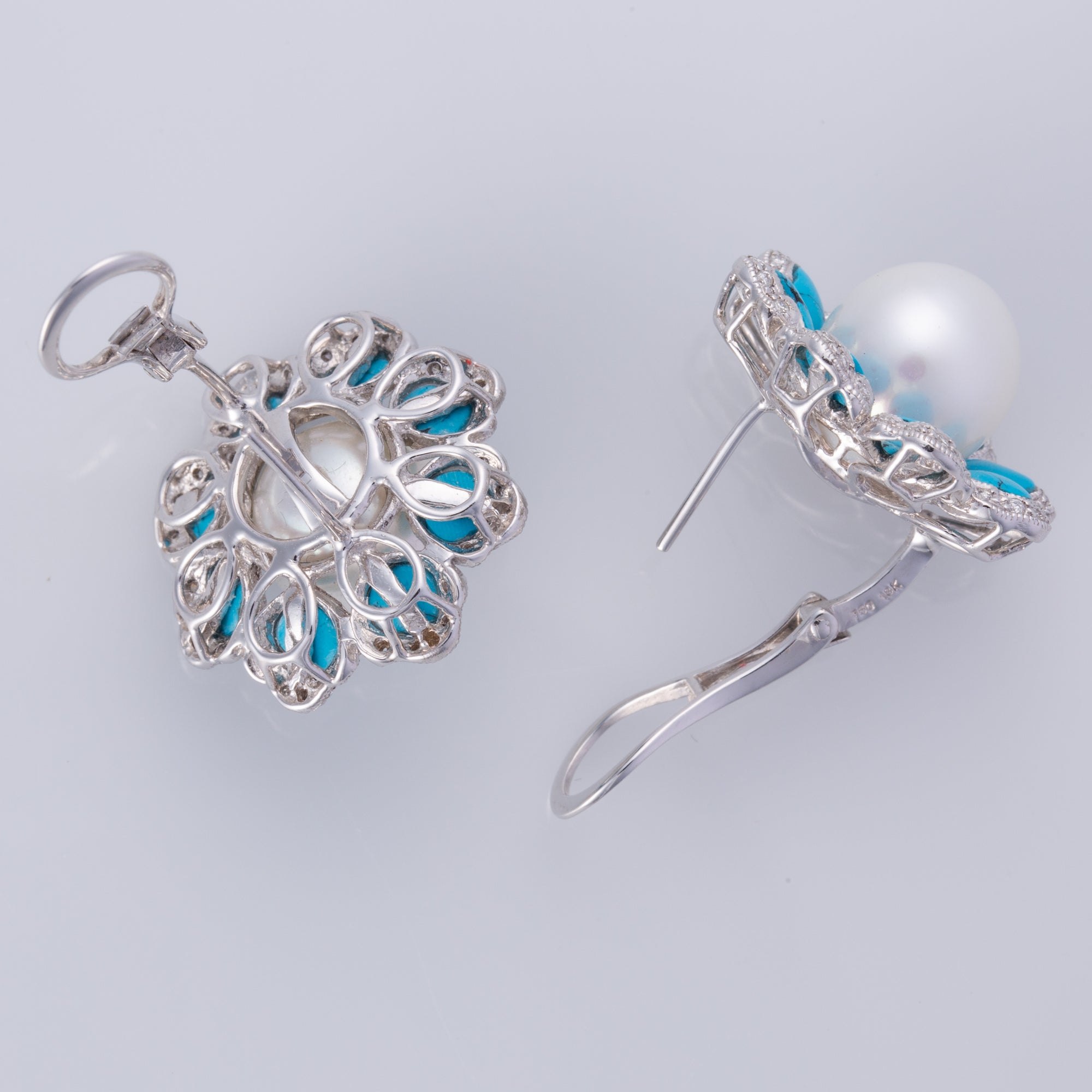 18K White Gold South Sea Pearls, Turquoise, and Diamond Earrings | 10.5-11.0mm, 0.80ctw