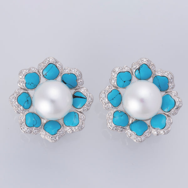 18K White Gold South Sea Pearls, Turquoise, and Diamond Earrings | 10.5-11.0mm, 0.80ctw
