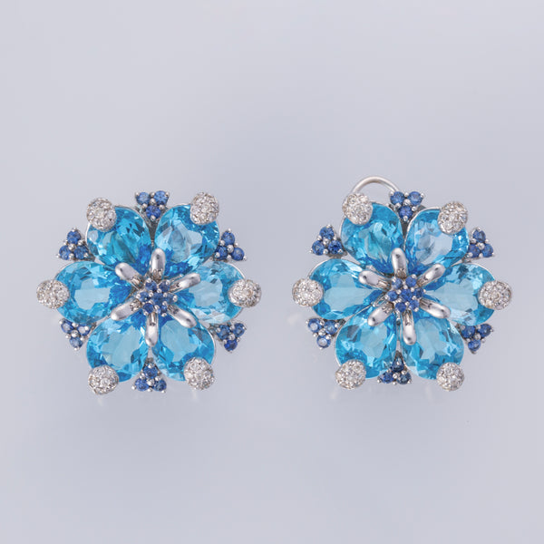 18K White Gold Blue Topaz, Sapphire, and Diamond Earrings | 36.00ctw, 1.40ctw, 1.00ctw