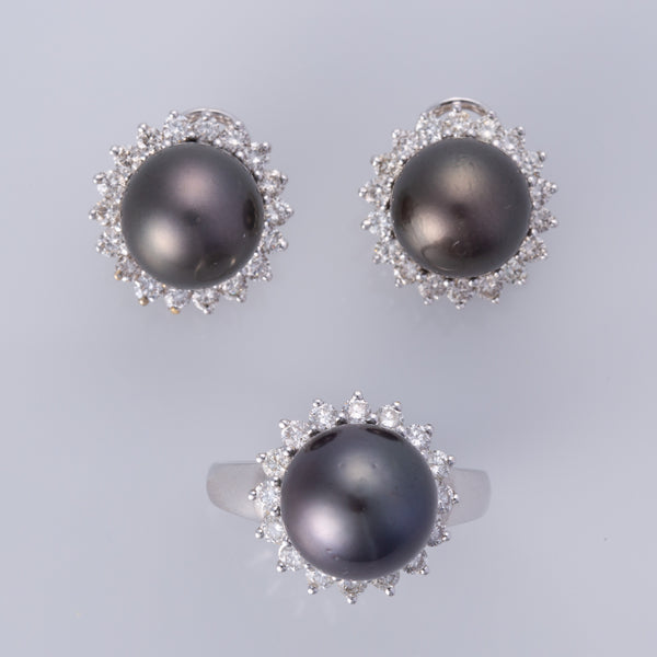 14K Black Tahitian Pearls and Diamond Earrings and Ring| 10-10.75mm, 1.56ctw | SZ 6.75