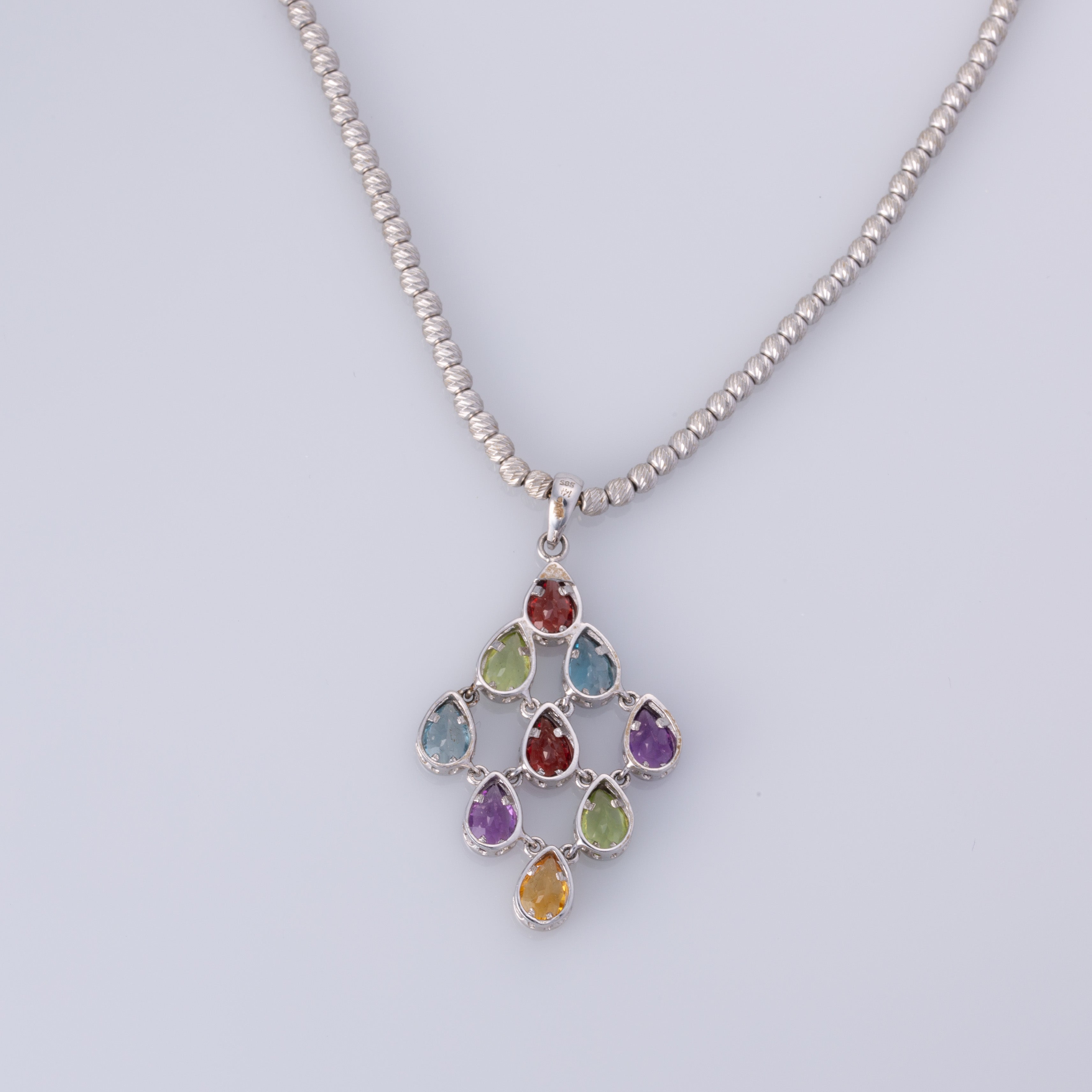 14K White Gold Multi Colored Gem Necklace | 16"| 3 ctw