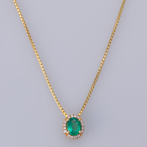 18K Yellow Gold Emerald Diamond Necklace | 0.42ct, 0.10ctw | 16