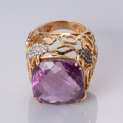 18K Yellow Gold Amethyst and Diamond Ring | 30.00 ct, 0.20 ctw | SZ 7 |