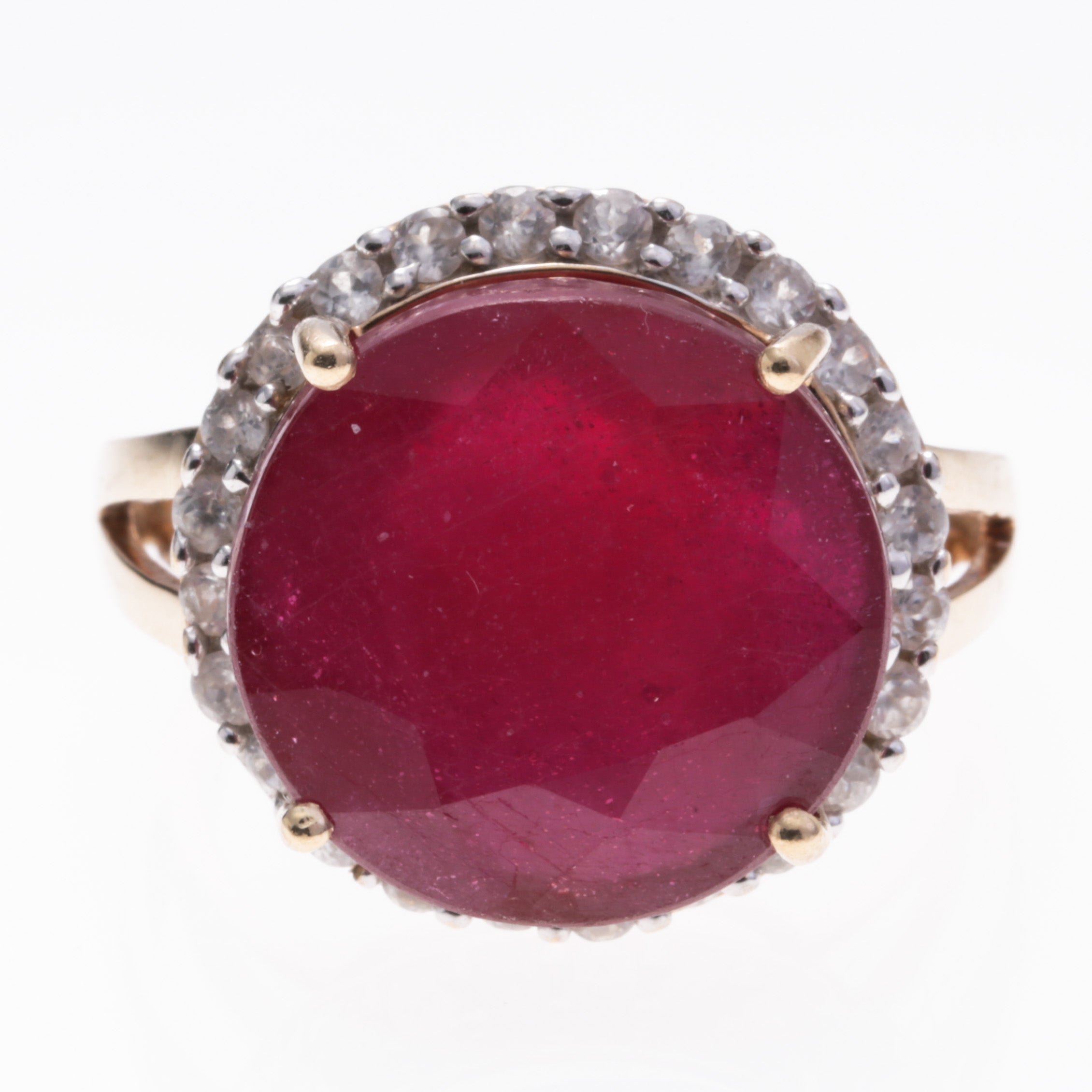 10K Yellow Gold Synthetic Ruby and White Topaz Ring | 11.35ct, 0.23ctw | SZ 6.75