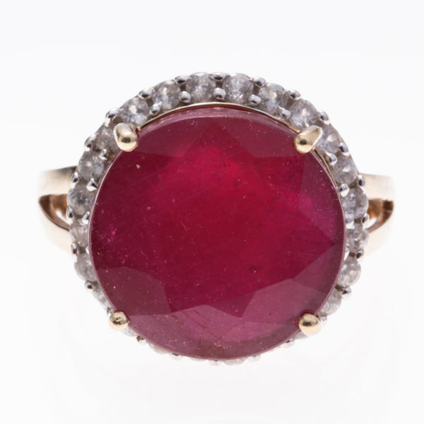 10K Yellow Gold Synthetic Ruby and White Topaz Ring | 11.35ct, 0.23ctw | SZ 6.75