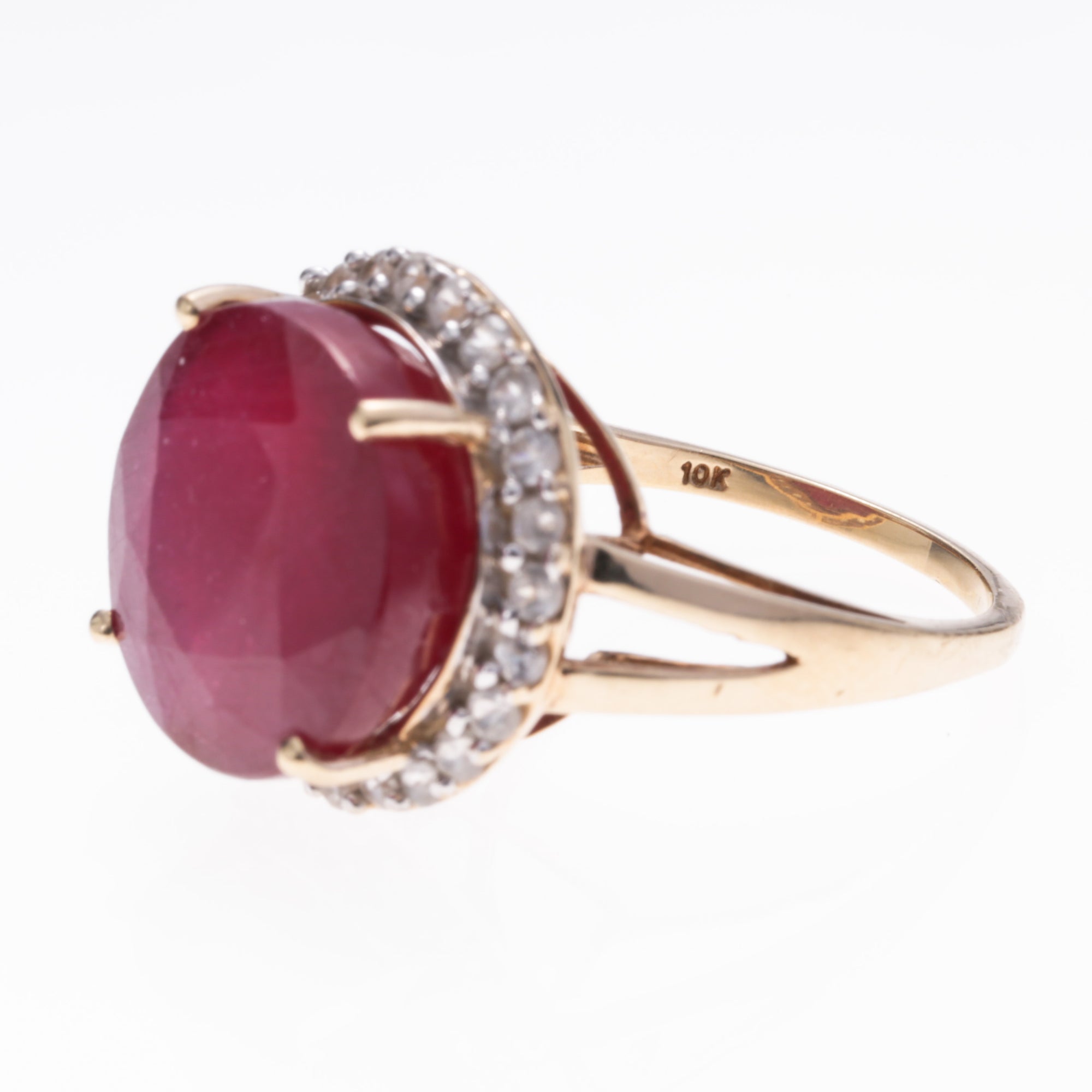 10K Yellow Gold Synthetic Ruby and White Topaz Ring | 11.35ct, 0.23ctw | SZ 6.75