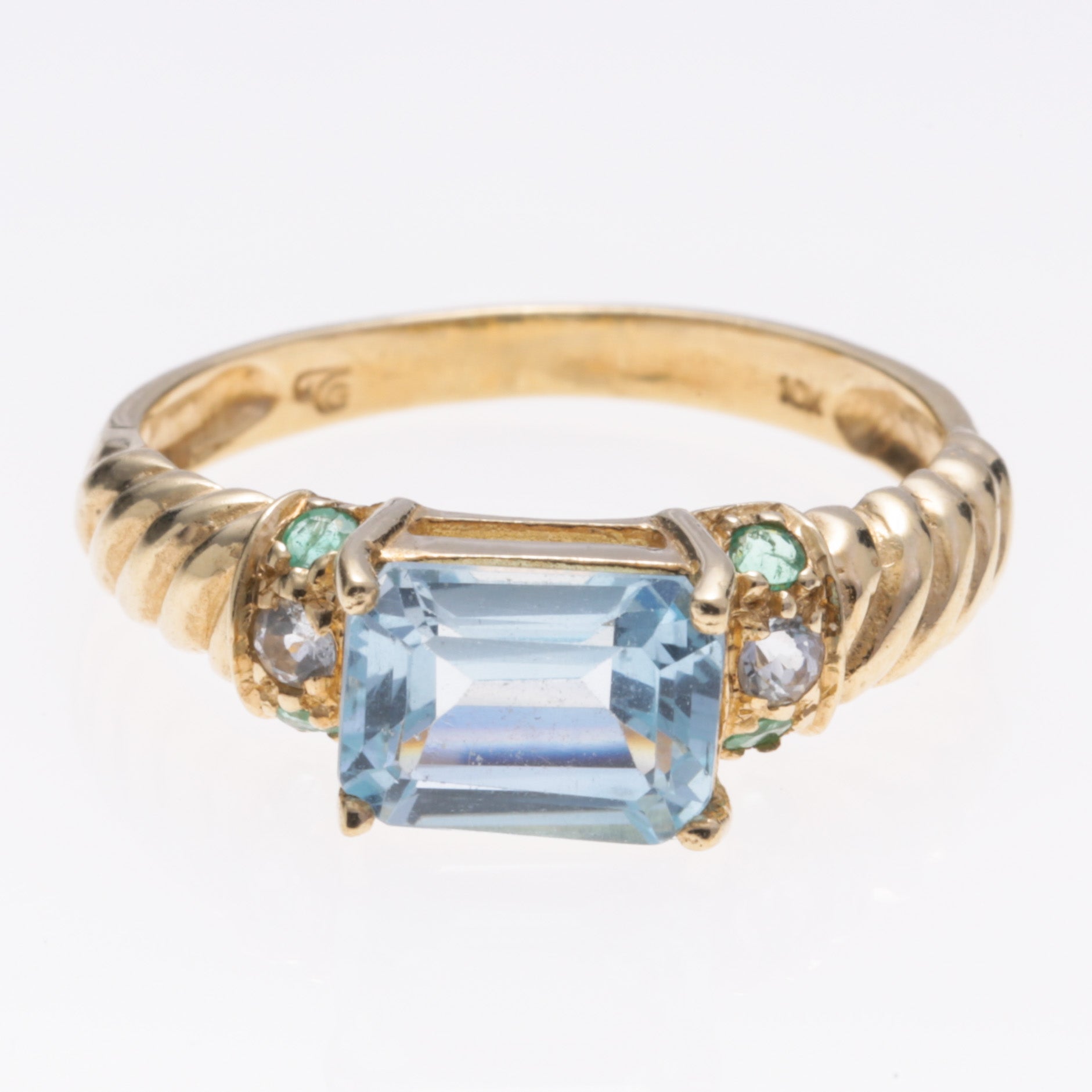 10K Yellow Gold Aquamarine Emerald Topaz Ring | 1.27ct, 0.05ctw, 0.06ctw | SZ 7