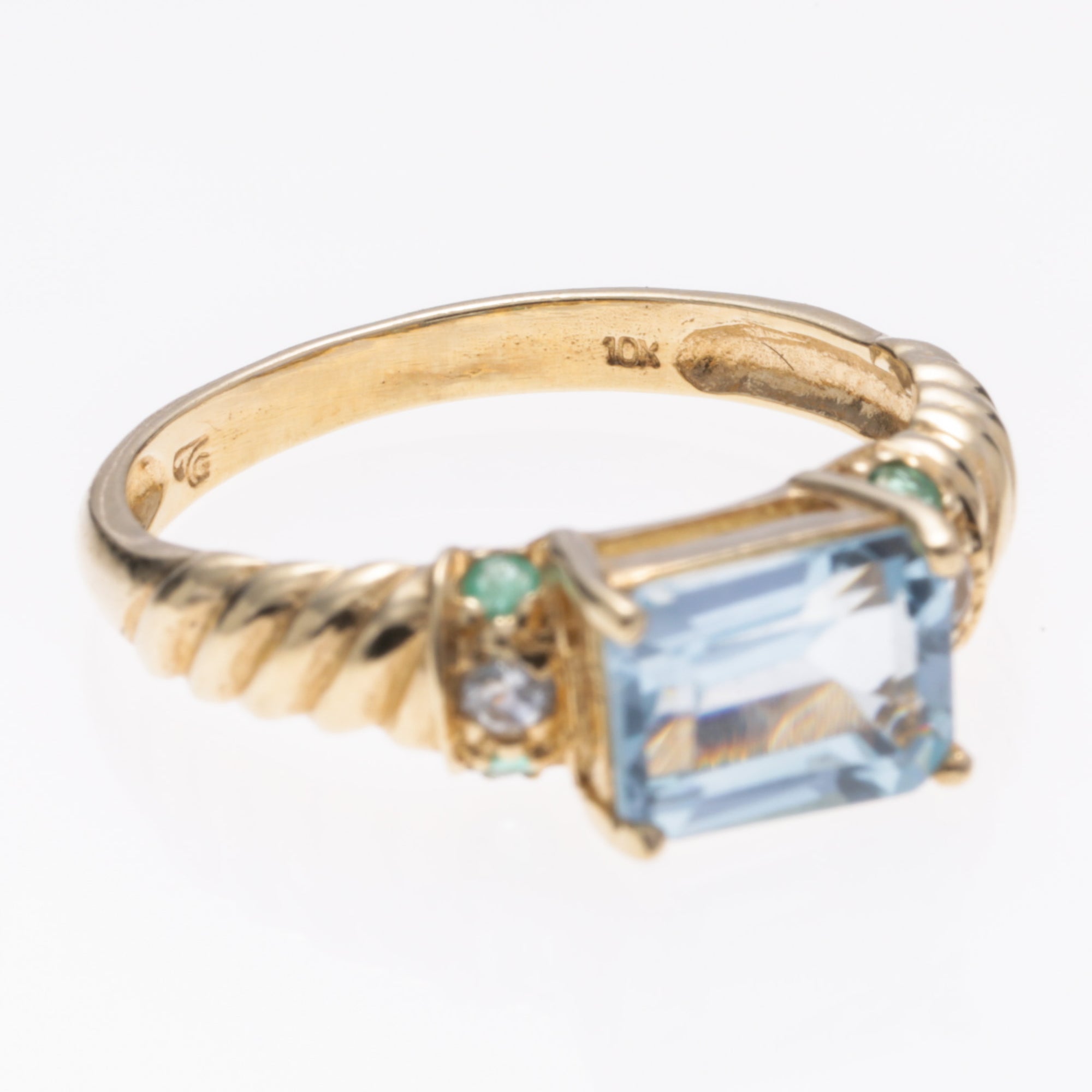 10K Yellow Gold Aquamarine Emerald Topaz Ring | 1.27ct, 0.05ctw, 0.06ctw | SZ 7