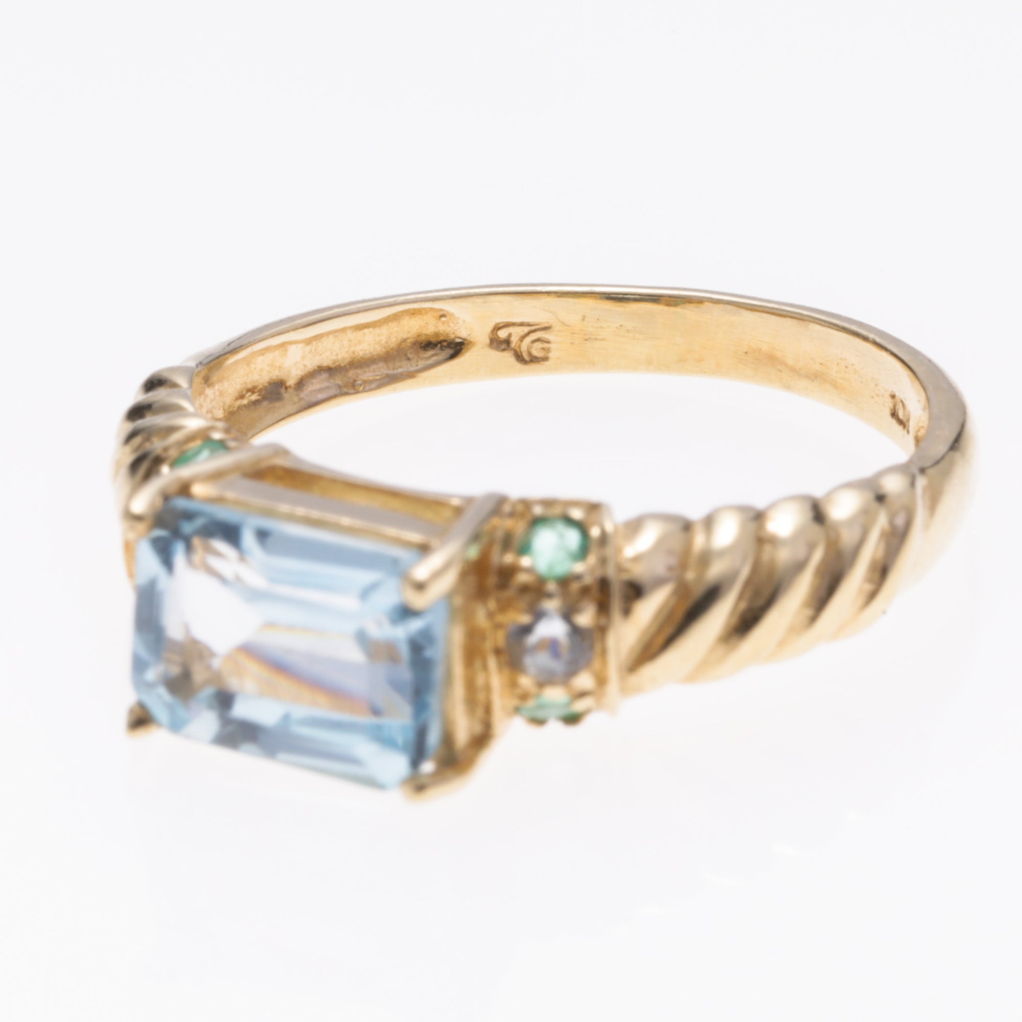 10K Yellow Gold Aquamarine Emerald Topaz Ring | 1.27ct, 0.05ctw, 0.06ctw | SZ 7