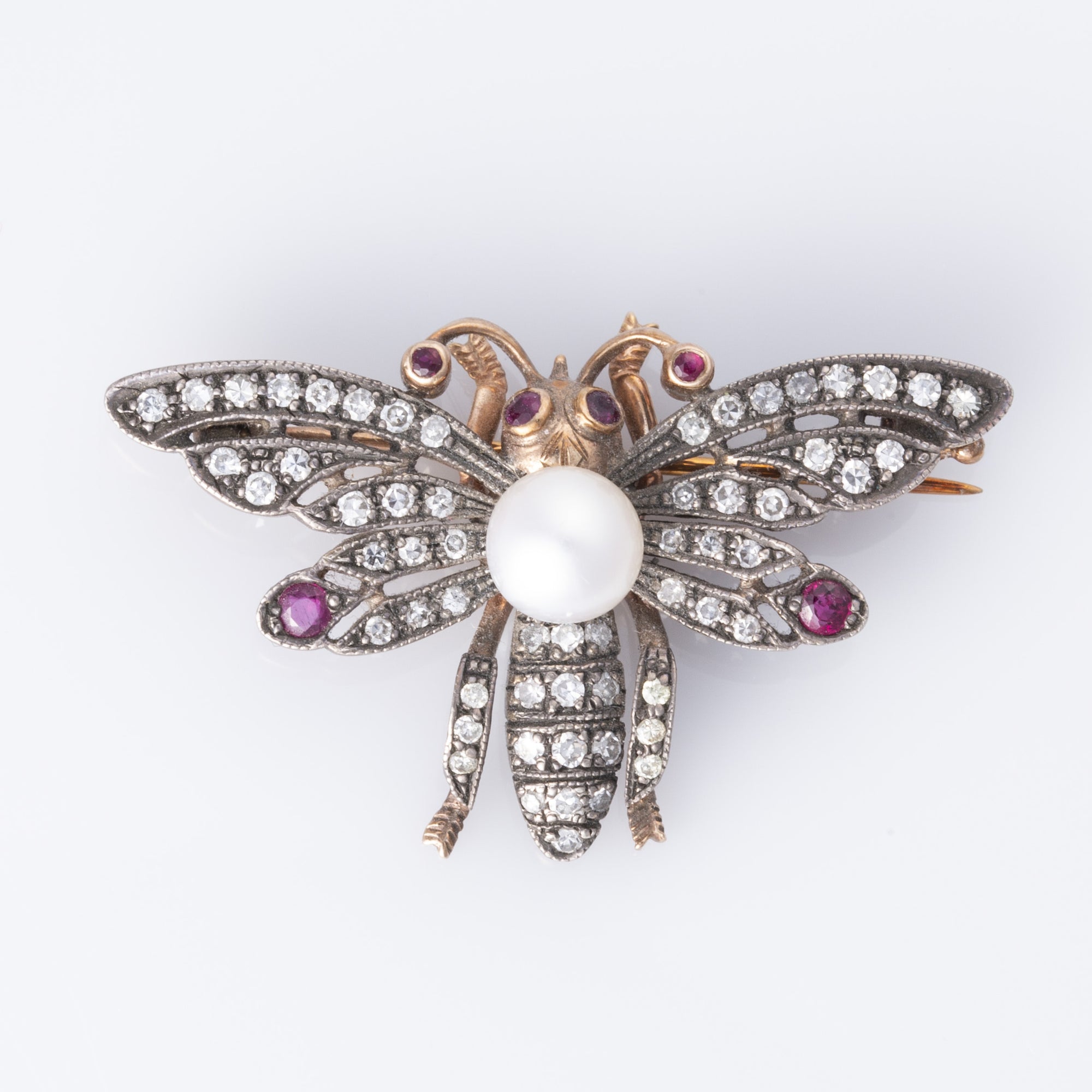 14K Rose Gold with Silver Butterfly Pearl Ruby Diamond Brooch | 6.60mm, 0.22ctw, 0.75ctw