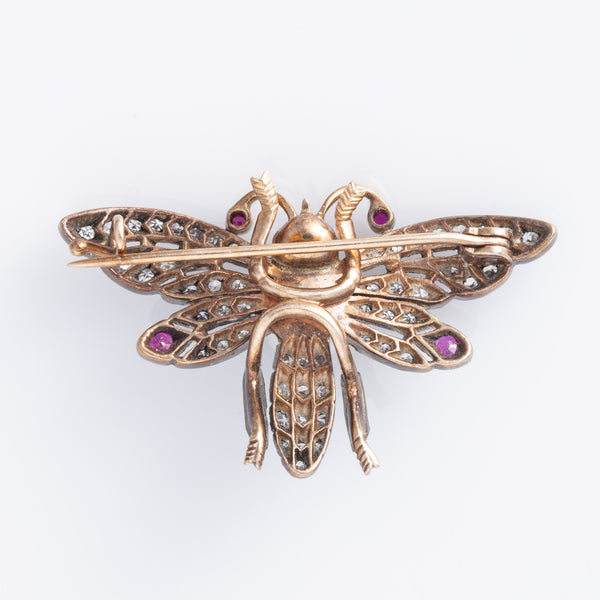 14K Rose Gold with Silver Butterfly Pearl Ruby Diamond Brooch | 6.60mm, 0.22ctw, 0.75ctw