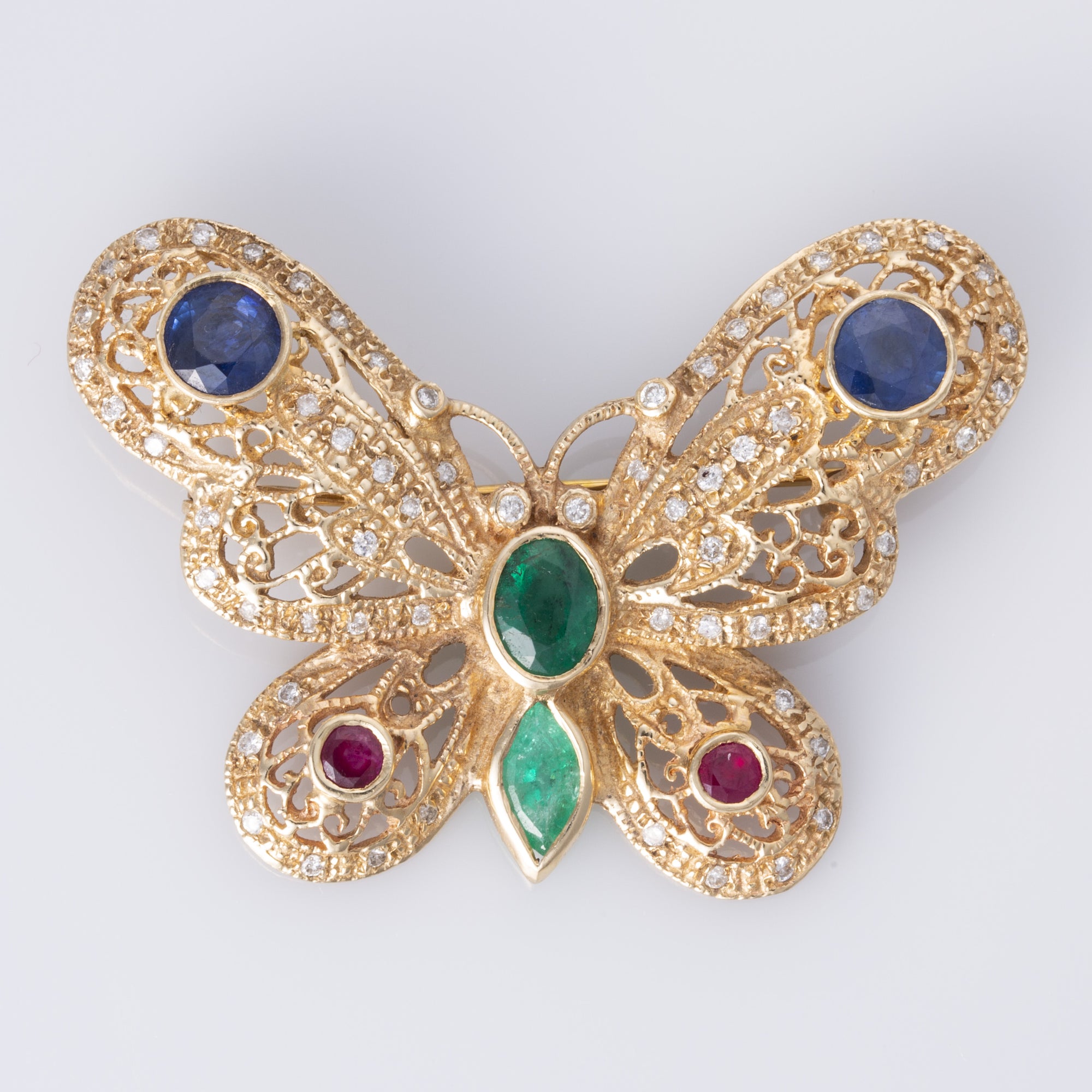 14K Yellow Gold Butterfly Motif Diamond Brooch | 3.30ctw, 0.61ctw