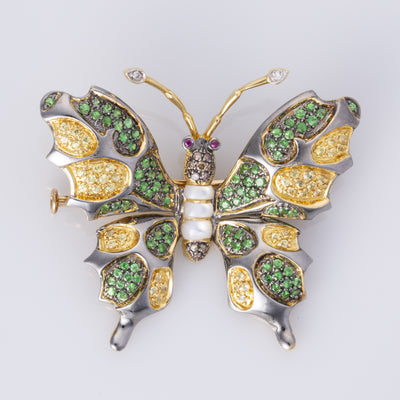 18K Yellow Gold Butterfly Opal Sapphire Tsavorite Ruby Diamond Brooch | 0.10ctw