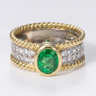 Emerald Cocktail Diamond 18k Yellow and White Ring | 1.14 ct, 1.50 ctw | SZ 5