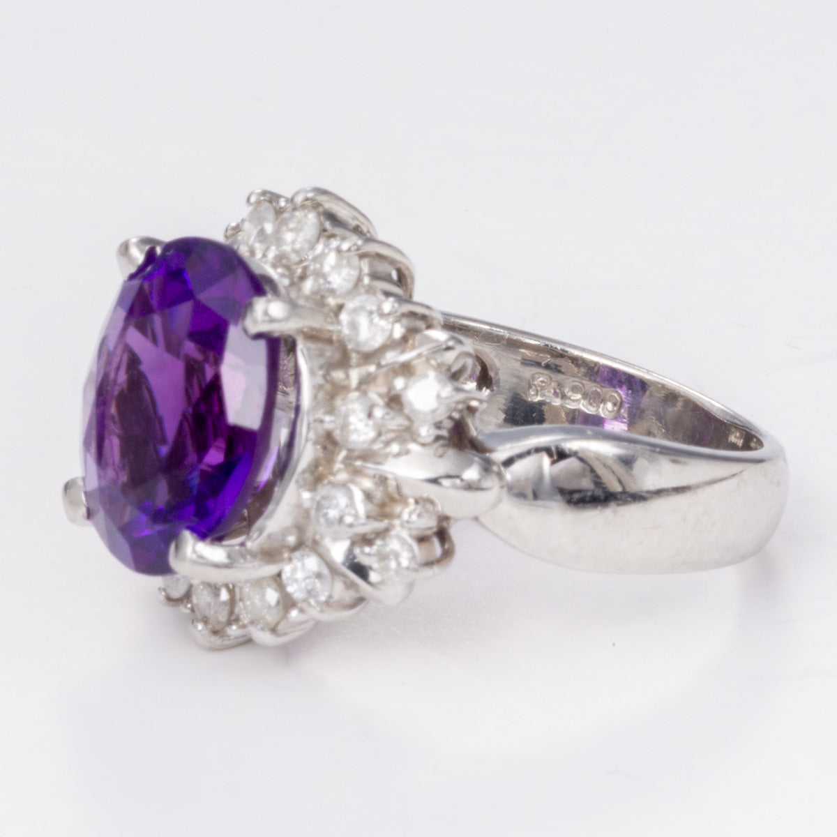 Oval Amethyst and Diamond Halo Platinum Ring | 4.32 ct, 0.58 ctw | SZ 6