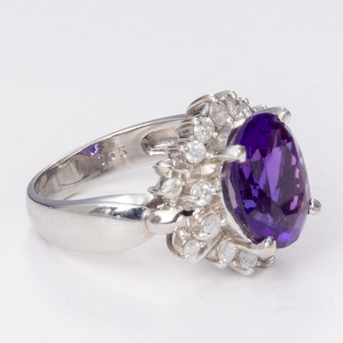 Oval Amethyst and Diamond Halo Platinum Ring | 4.32 ct, 0.58 ctw | SZ 6