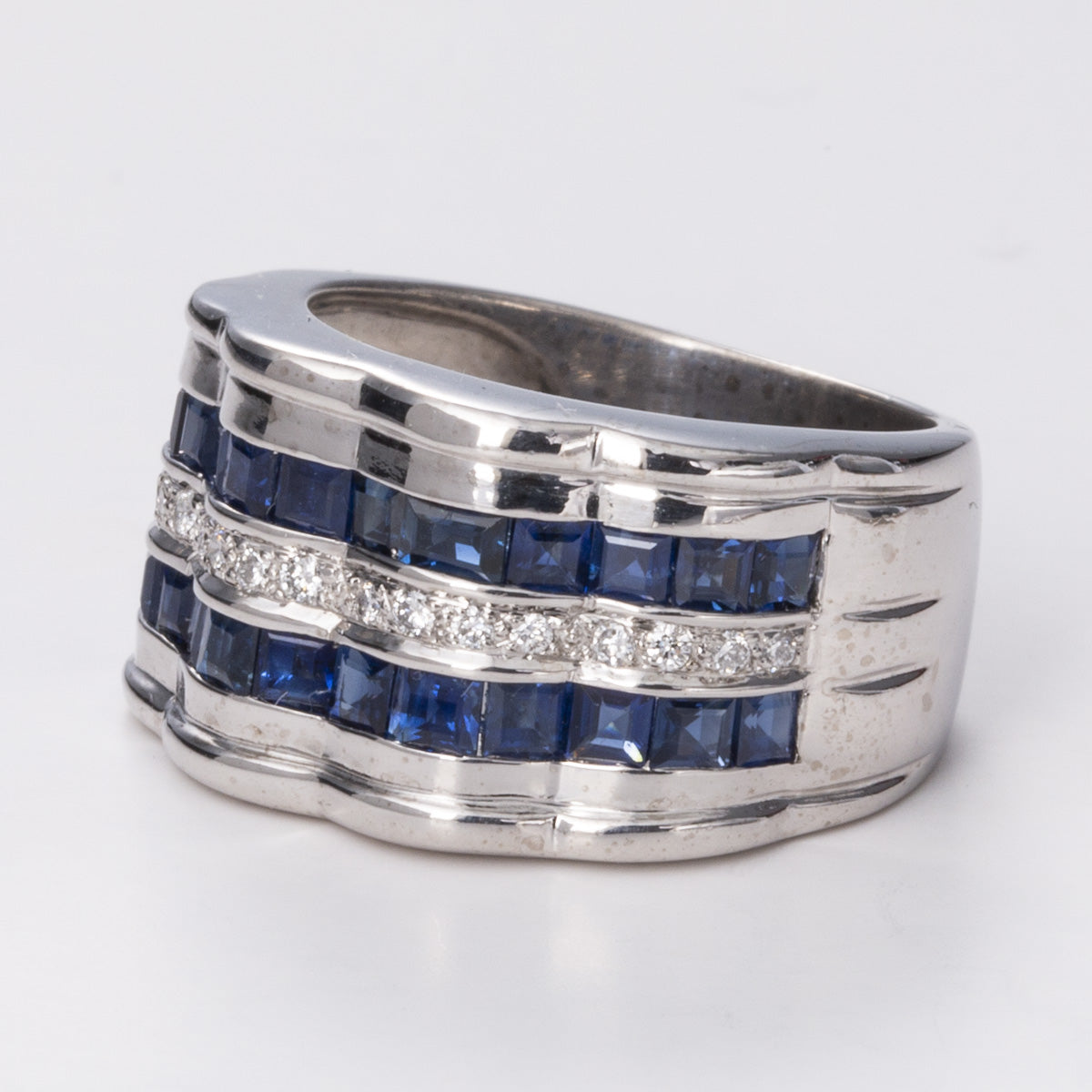 Sapphire Channel Set Wave Cocktail White Gold 18k Ring | 2.61 ct, 0.14ctw | Sz 5.75